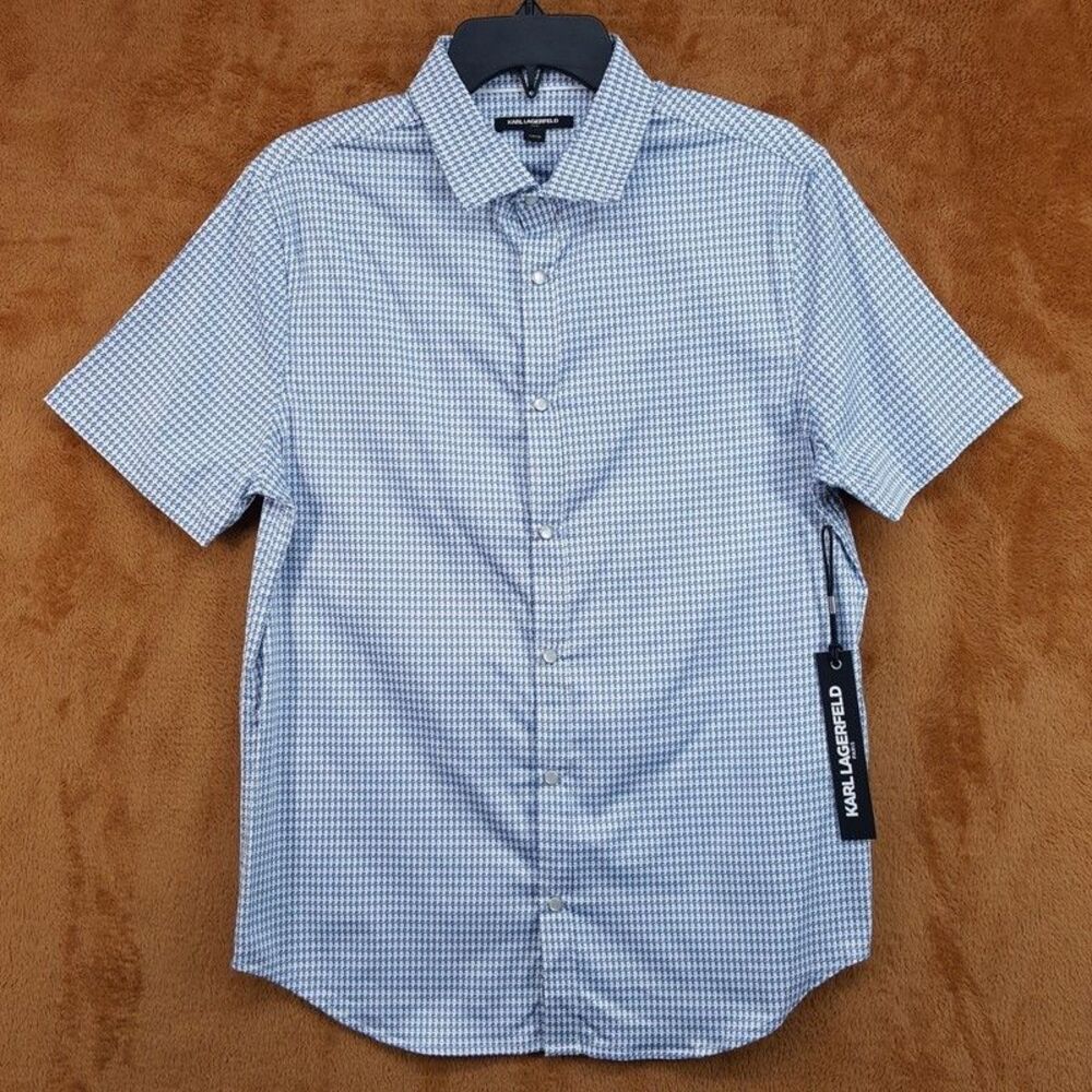 KARL LAGERFELD Button Shirt Mens Small Blue White Houndstooth Pearl Snap